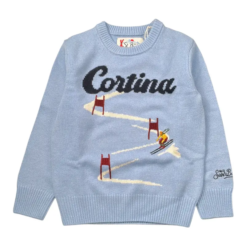Saint Barth Maglia tinta unita con Ricamo Azzurro per Bambino