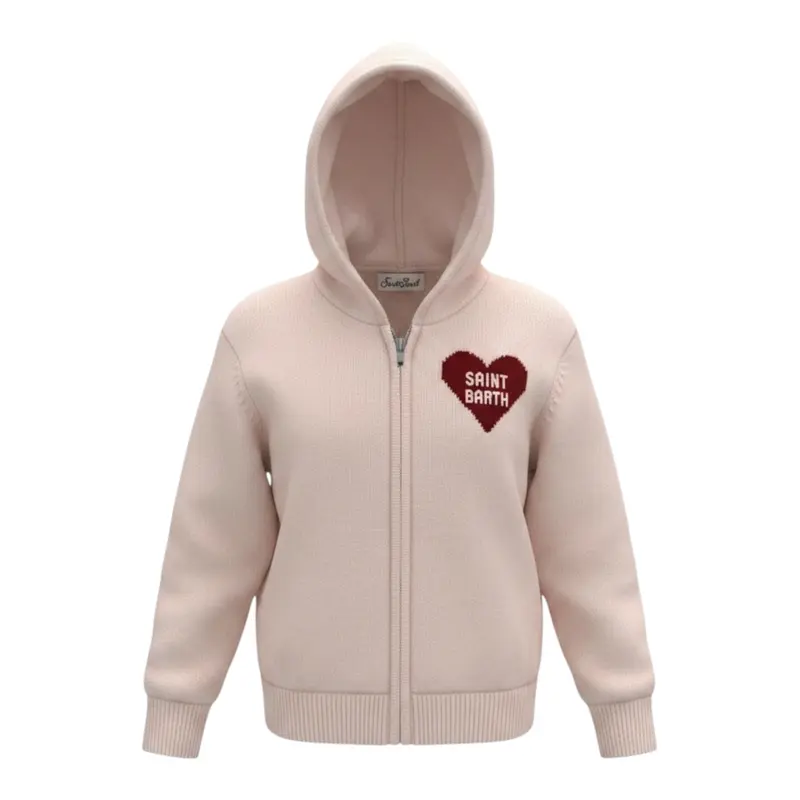 Saint Barth Maglia tinta unita con Zip E Cappuccio Panna per Bambina