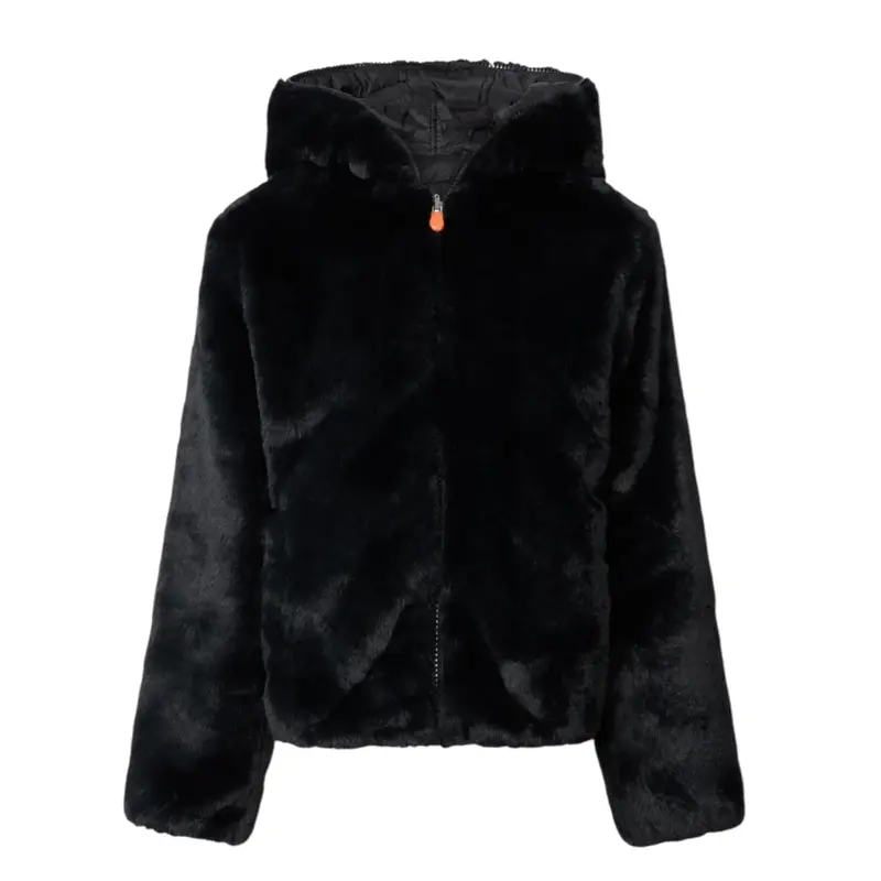 Save The Duck Pelliccia tinta unita con Zip E Cappuccio Reversibile Nero per Bambina