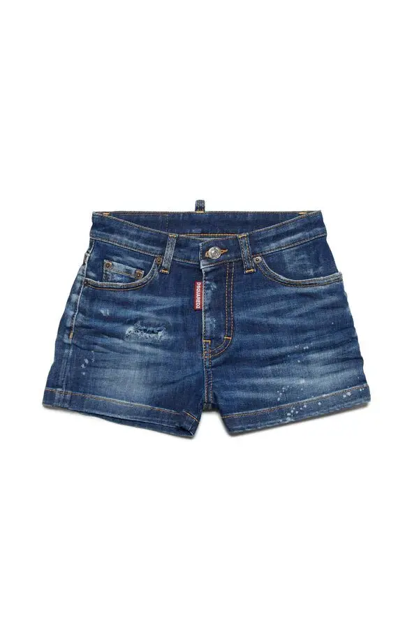 SHORTS IN DENIM SCURO CON MACCHIE E ROTTURE DSQUARED2