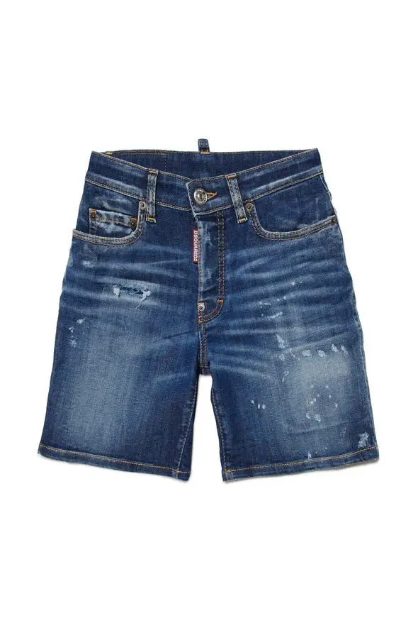 SHORTS IN DENIM SCURO CON MACCHIE E ROTTURE