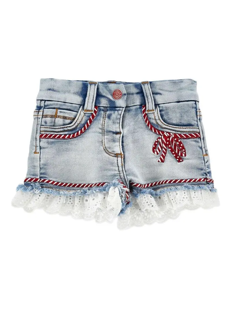 Shorts per bambina Monnalisa in denim con dettagli in pizzo