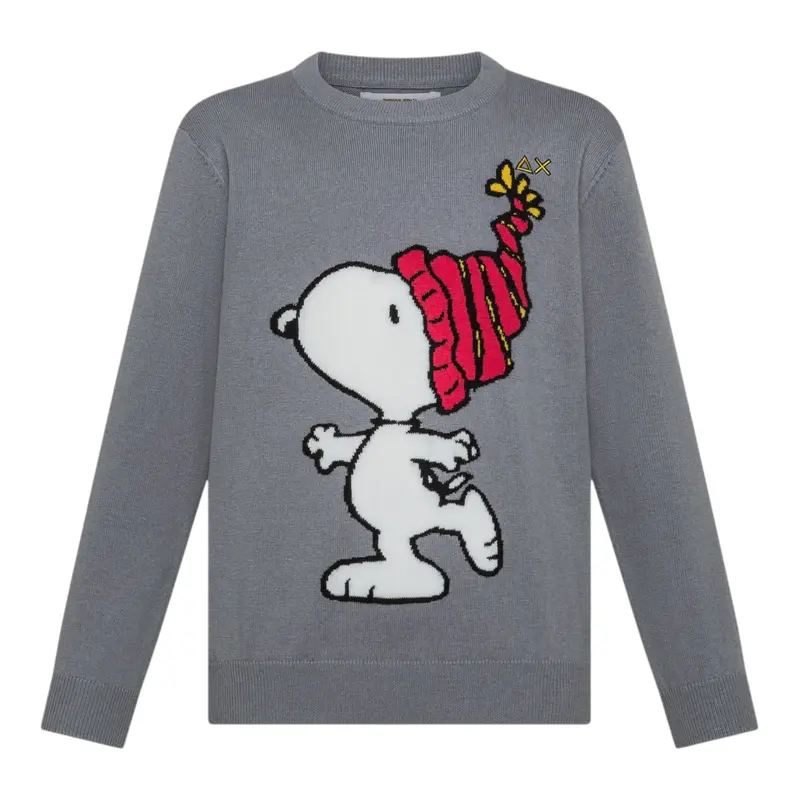 Sun68 Maglia Girocollo tinta unita con Ricamo Snoopy Grigio per Bambino