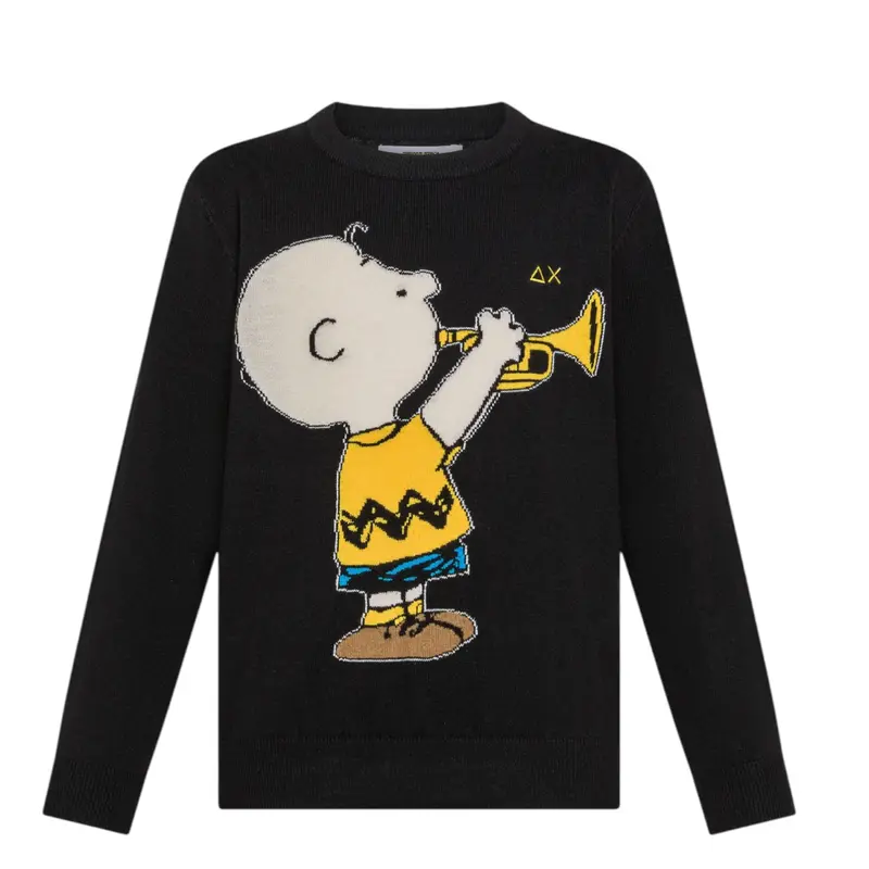 Sun68 Maglia Girocollo tinta unita con Ricamo Snoopy Nero per Bambino