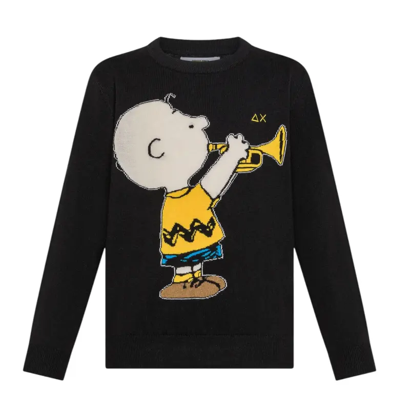 Sun68 Maglia Girocollo tinta unita con Ricamo Snoopy Nero per Neonato