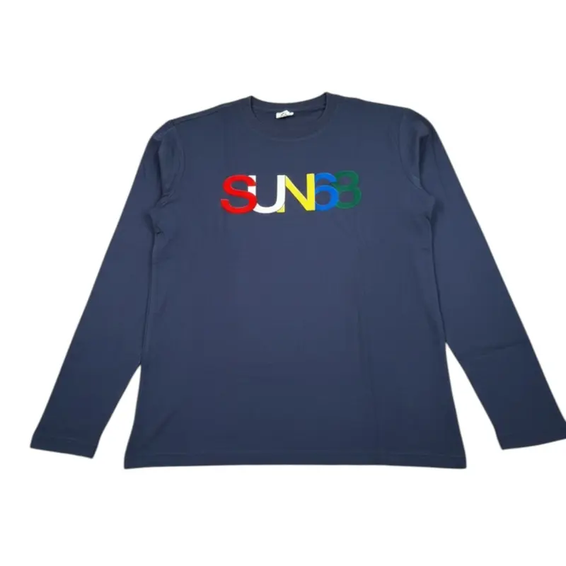 Sun68 Shirt Girocollo tinta unita con Logo Blu per Bambino