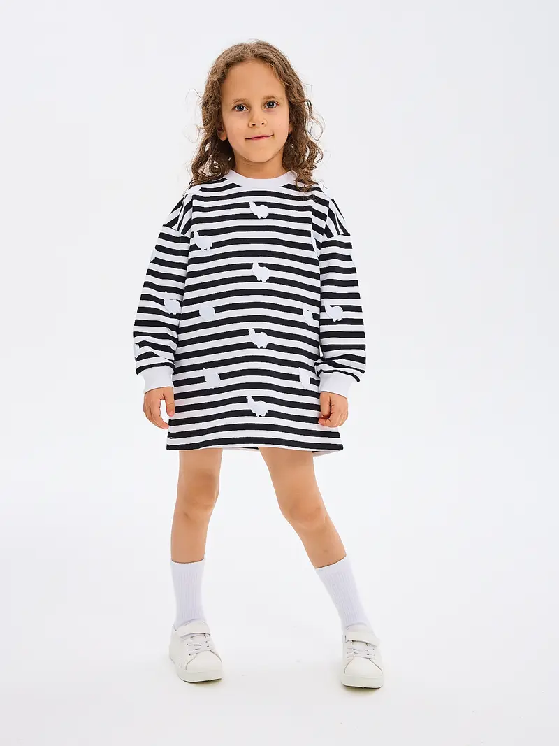 Sweatshirt Dress for Toddler Girls Stripes with Alpaca Patches