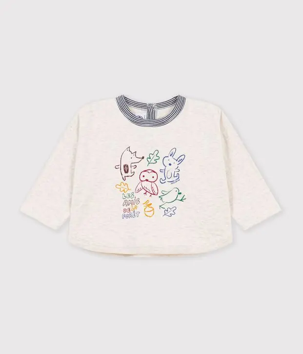 T-shirt a maniche lunghe in cotone tinta unita con motivo decorativo Petit Bateau