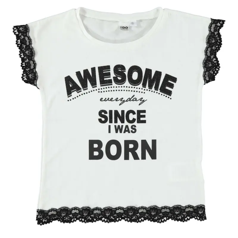 T-SHIRT bambina con rifiniture in pizzo su maniche e davanti