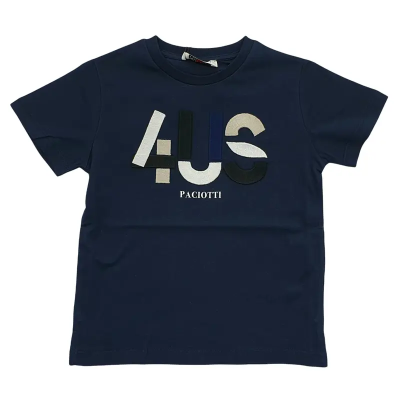 T-shirt bambino blu con logo ricamato beige