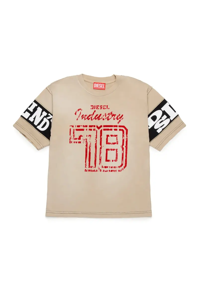 T-SHIRT BEIGE CON LOGO IN VELLUTO ROSSO DIESEL
