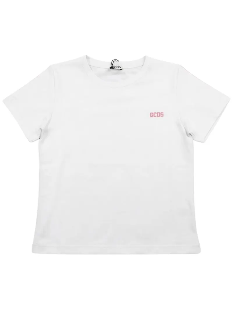 T-SHIRT BIANCA CON BANDE LATERALI CON LOGO ROSA GCDS