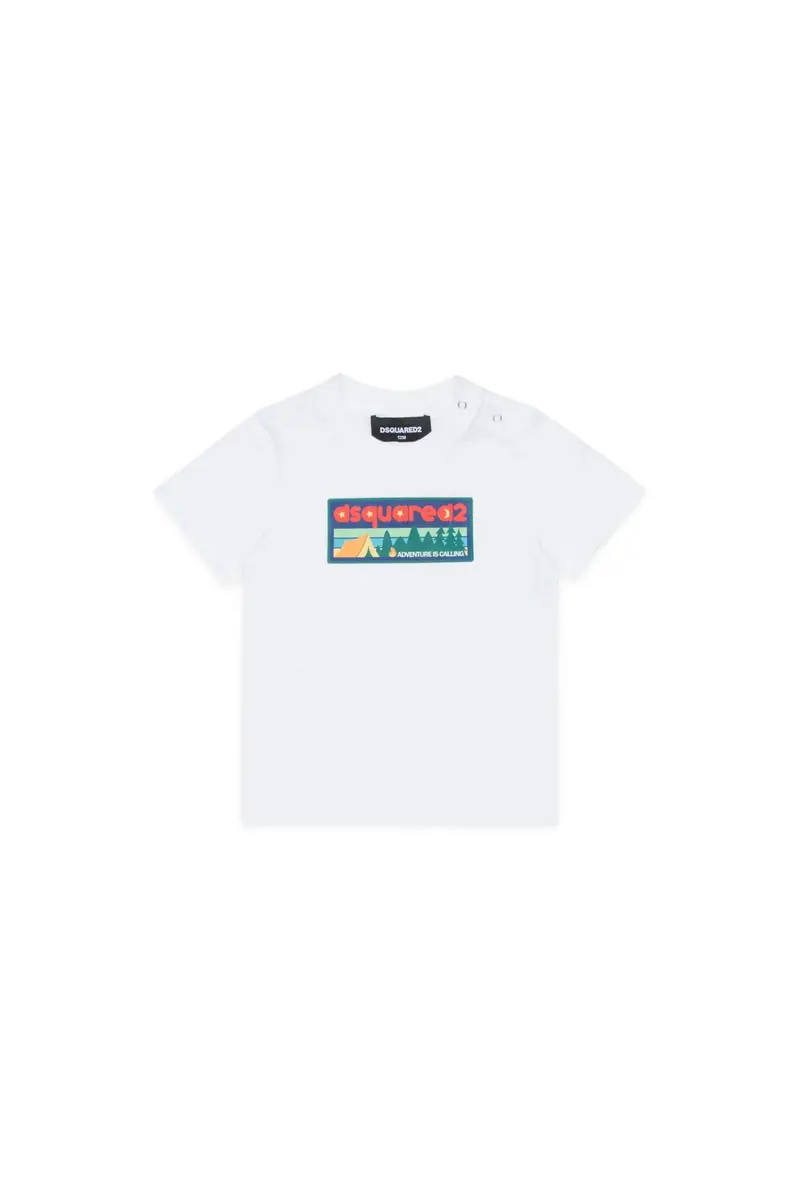 T-SHIRT BIANCA CON LOGO E GRAFICA SUL DAVANTI COLORATO DSQUARED2