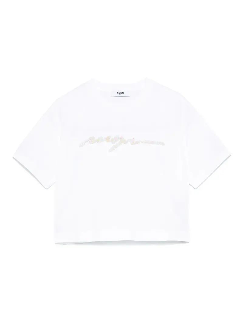 T-SHIRT BIANCA CON LOGO IN PERLINE MSGM