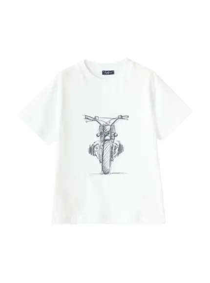 T-shirt bianca con stampa moto grigio scuro