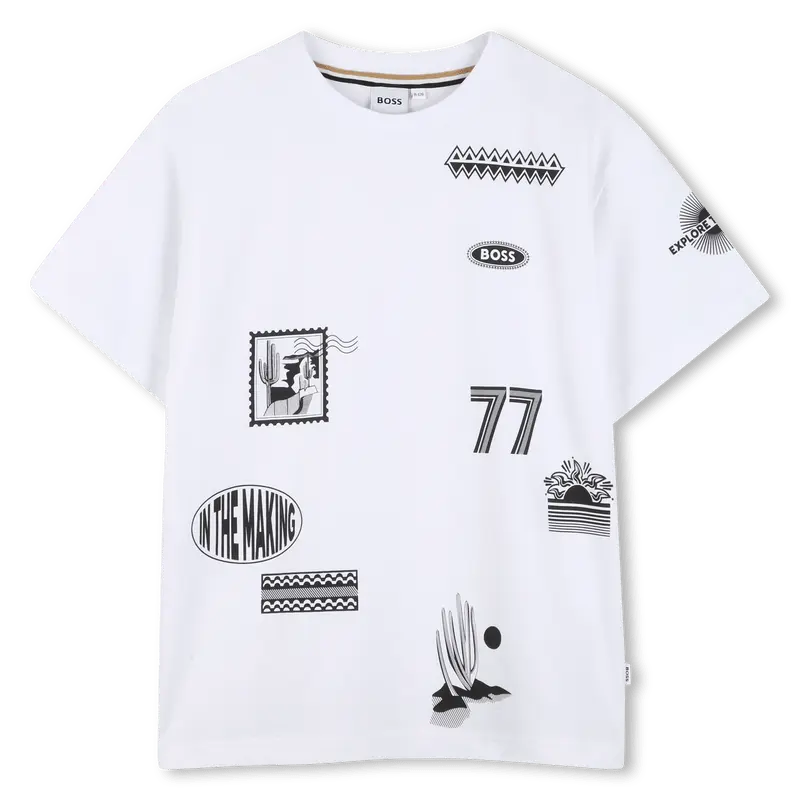 T-SHIRT BIANCA CON STAMPE E LOGO BOSS