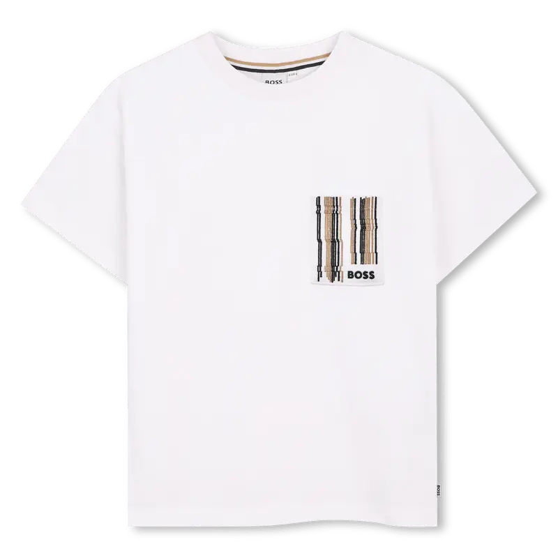 T-SHIRT BIANCA CON TASCHINO A RIGHE CON LOGO BOSS