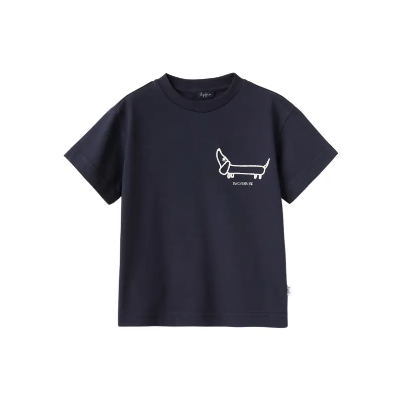 T-shirt blu con ricamo bassotto bianco latte