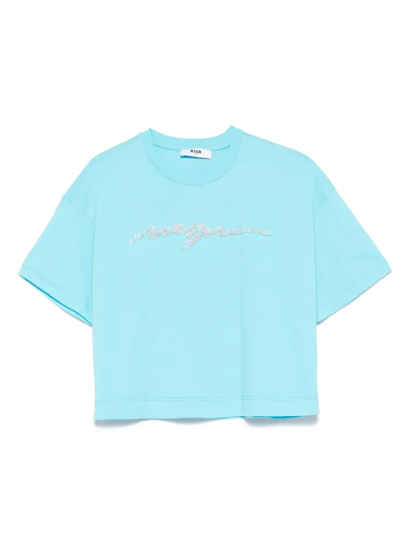 T-SHIRT CELESTE CON LOGO IN PERLINE MSGM