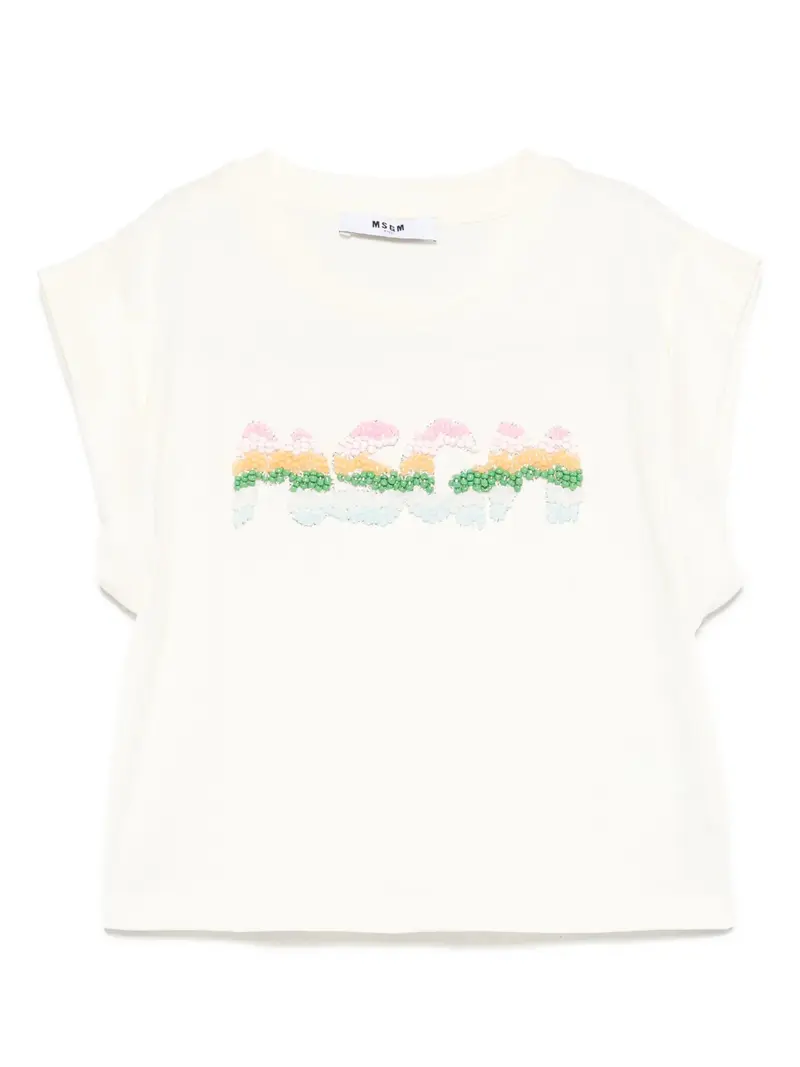 T-SHIRT CREMA CON LOGO IN PERLINE MSGM