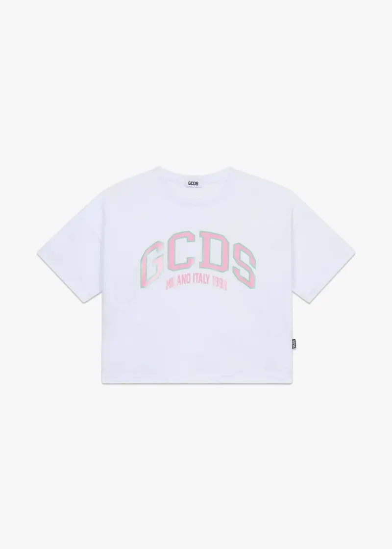 T-SHIRT CROPPED BIANCA CON LOGO ROSA GCDS