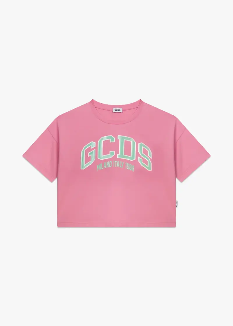 T-SHIRT CROPPED ROSA CON LOGO VERDE GCDS