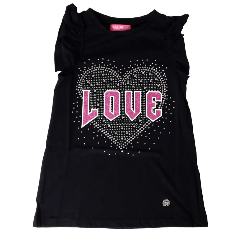 T-SHIRT in cotone con strass che formano un cuore e stampa love