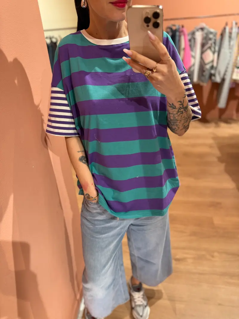 T shirt righe multicolore viola