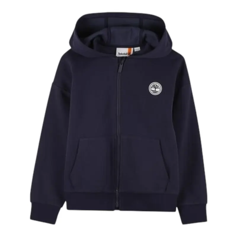 Timberland Felpa tinta unita con Zip E Cappuccio Blu per Bambino