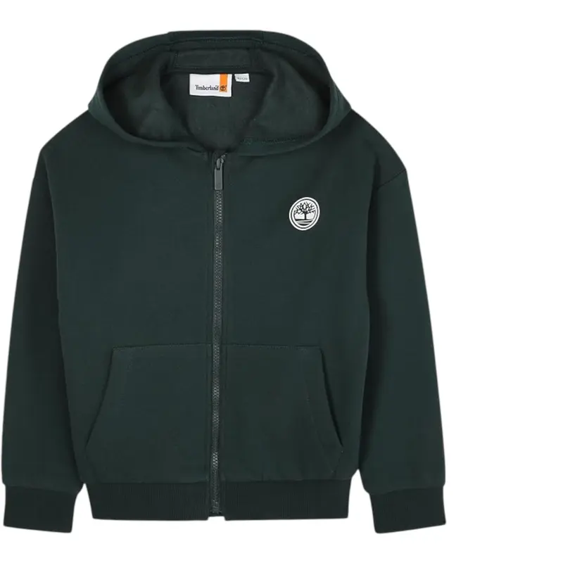 Timberland Felpa tinta unita con Zip E Cappuccio Verde per Bambino