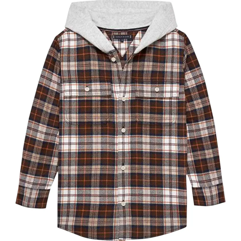 Tommy Hilfiger Camicia Bicolore con Fantasia A Quadri E Cappuccio Marrone per Bambino