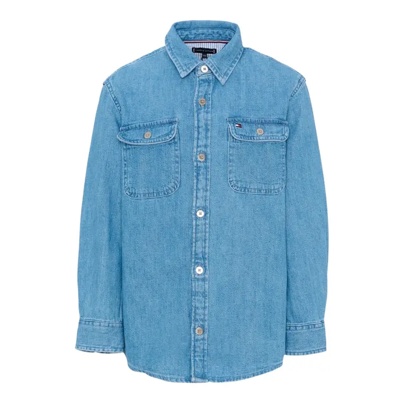 Tommy Hilfiger Camicia In Denim tinta unita Manica Lunga Azzurro per Bambino