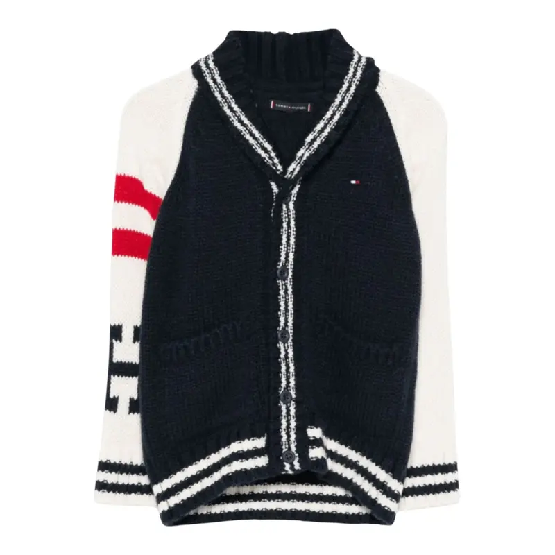 Tommy Hilfiger Cardigan tinta unita con Maniche In Contrasto E Stampa Blu per Bambino