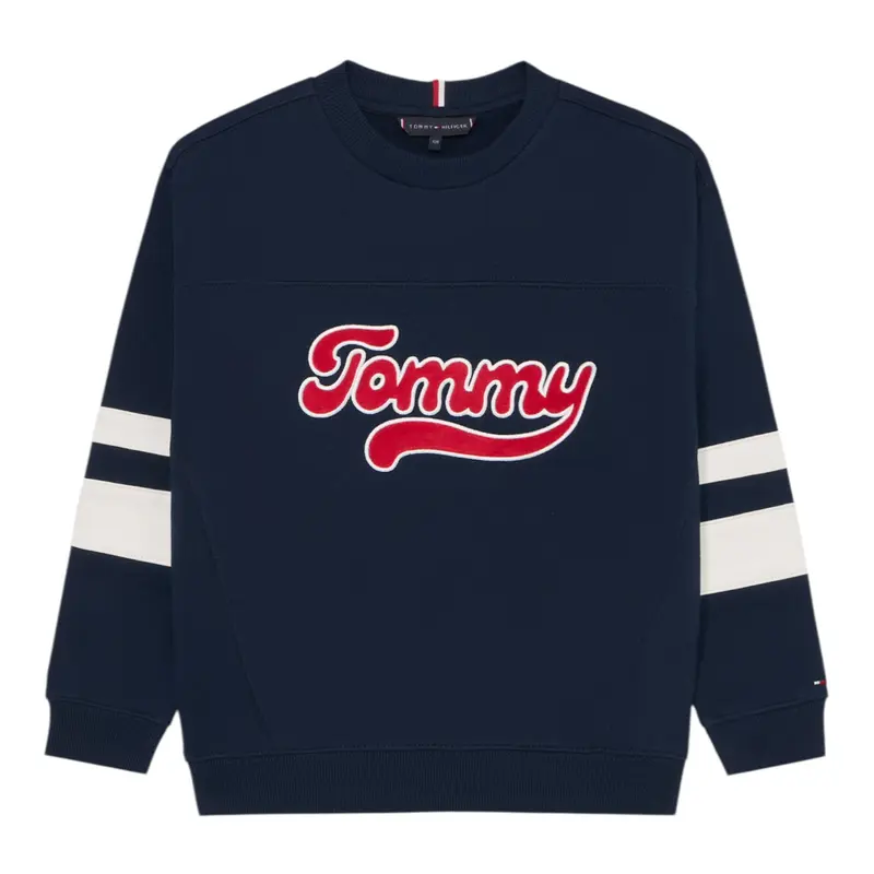Tommy Hilfiger Felpa Chiusa Girocollo Tinta Uita con Logo Blu per Bambino