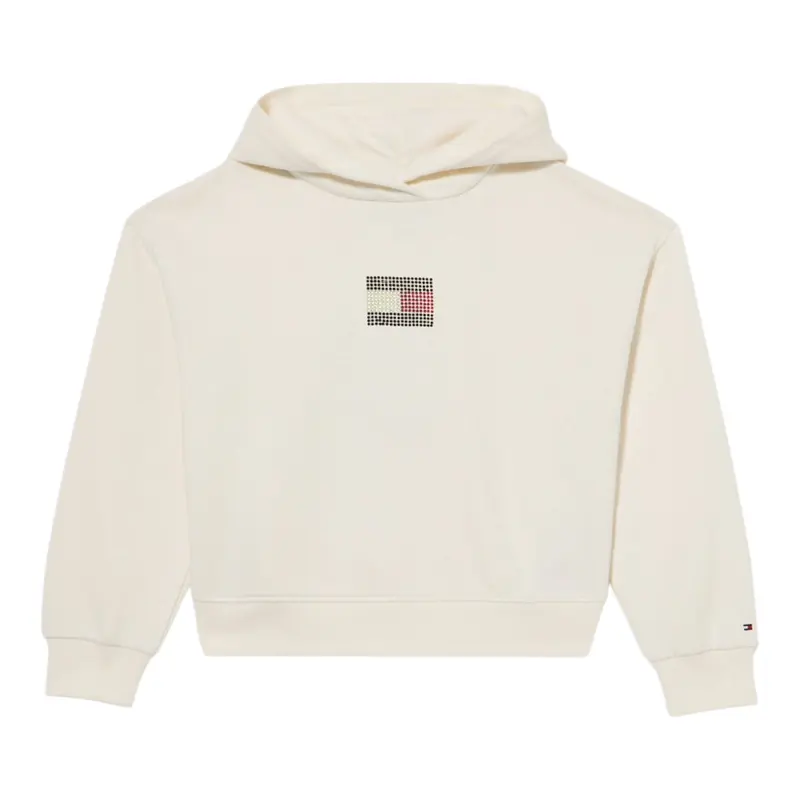 Tommy Hilfiger Felpa Chiusa Girocollo tinta unita con Logo Panna per Bambina