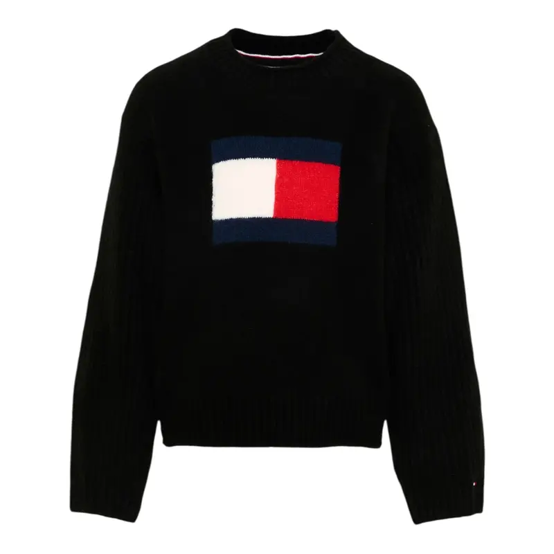Tommy Hilfiger Maglia Girocollo tinta unita con Logo Nero per Bambino