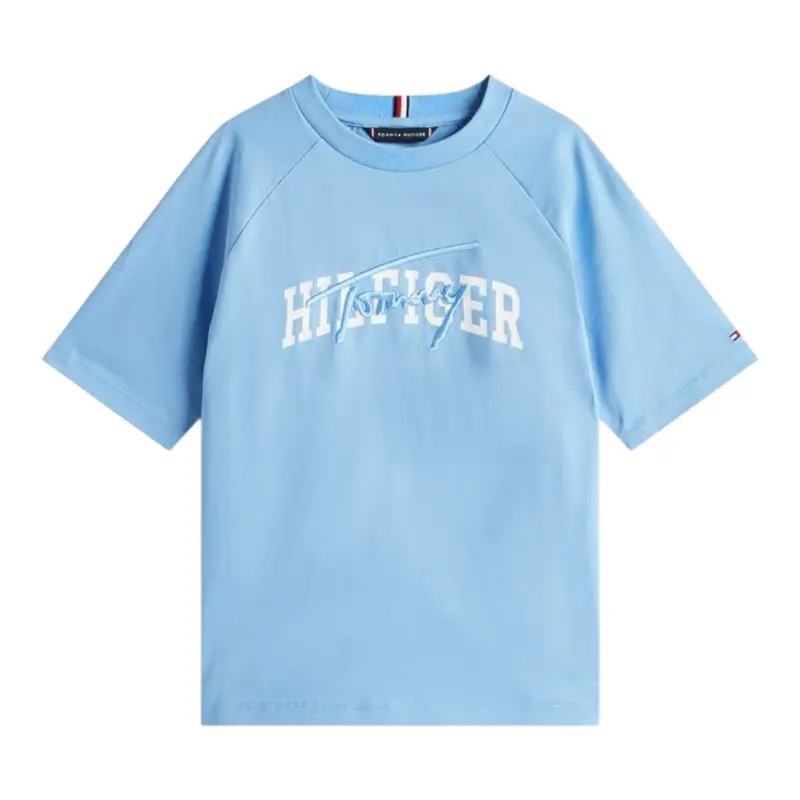 Tommy Hilfiger T-Shirt Girocollo tinta unita con Logo Azzurro per Neonato