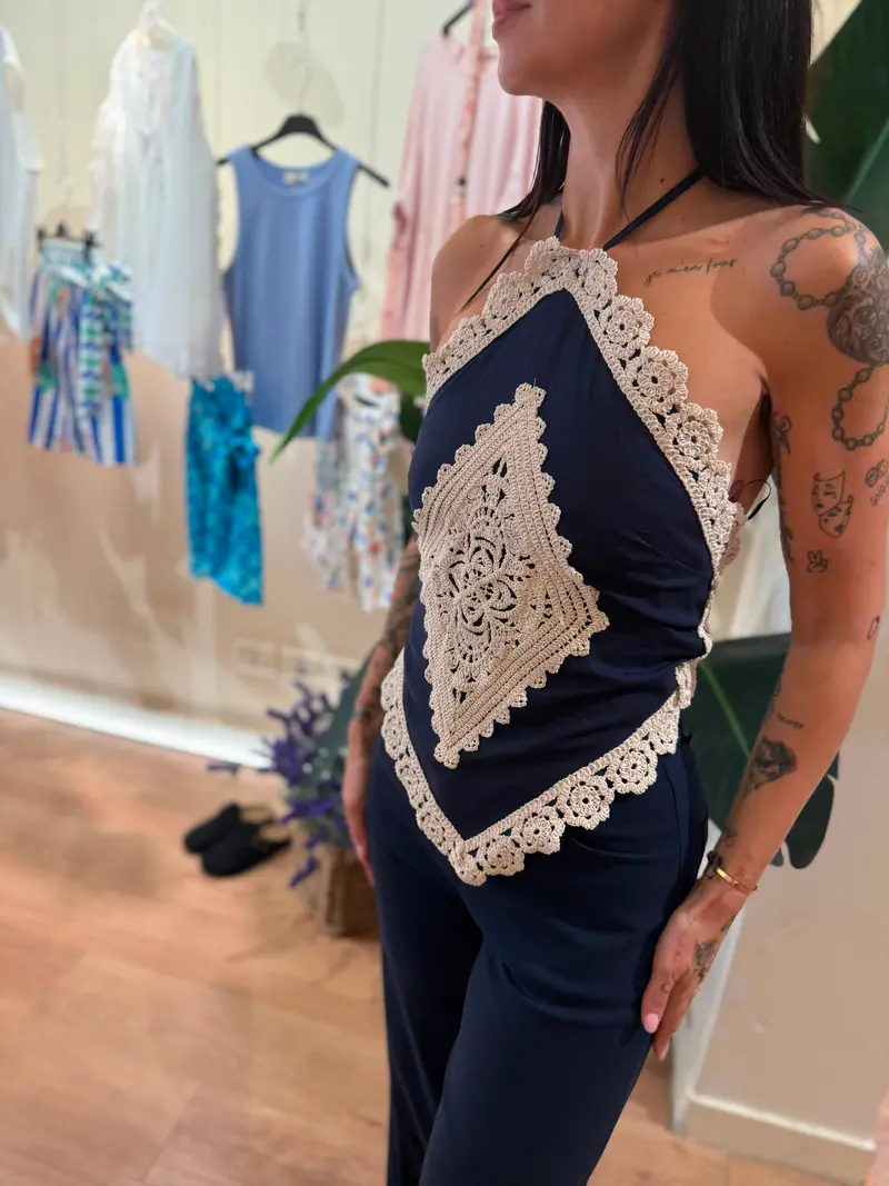 Top crochet boho blu navy