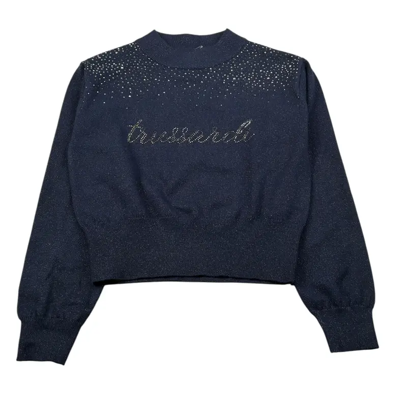 Trussardi Maglia Girocollo tinta unita con Brillantini Blu per Bambina
