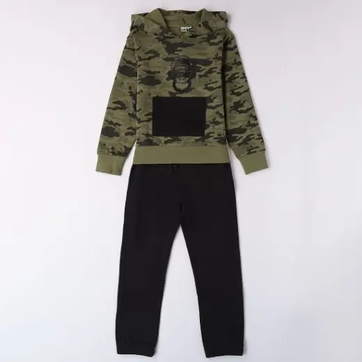 TUTA bambino garzata verde militare con stampa contrasto