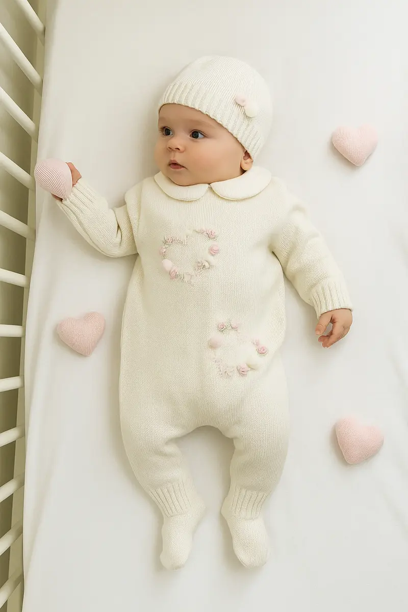 Tutina neonata 100% lana ricamo rose