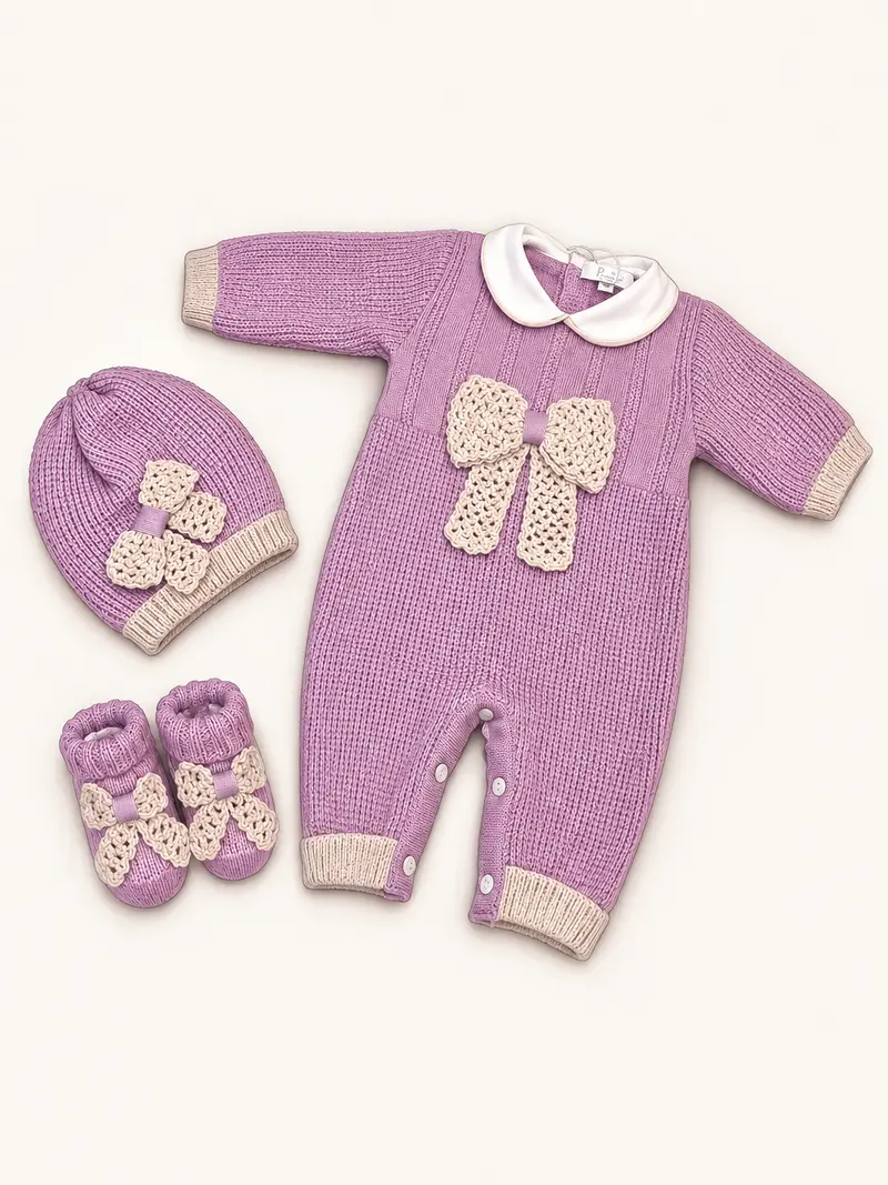 Tutina neonata con cappello e babbucce 100% lana con fiocco a contrasto