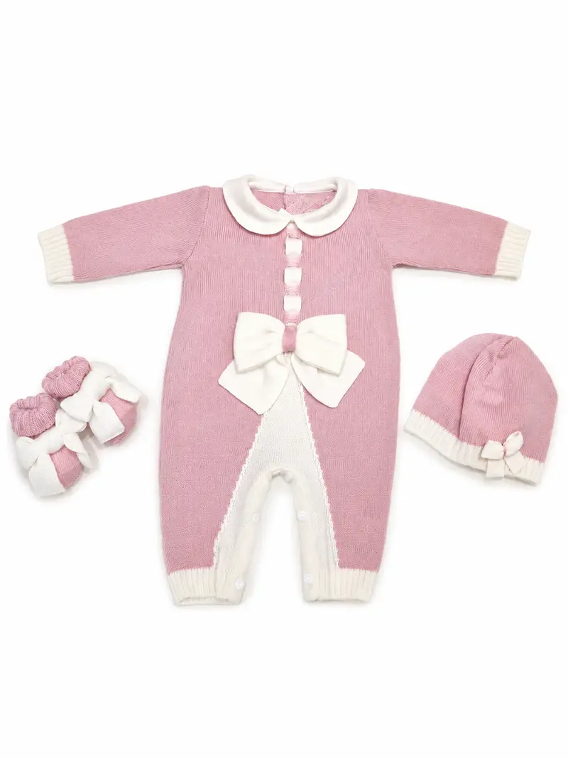 Tutina neonata con cappello e babbucce 100% lana con fiocco e laccetti