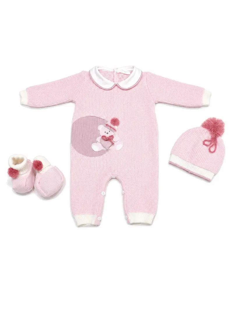 Tutina neonata con cappello e babbucce 100% lana con orsetto cuore