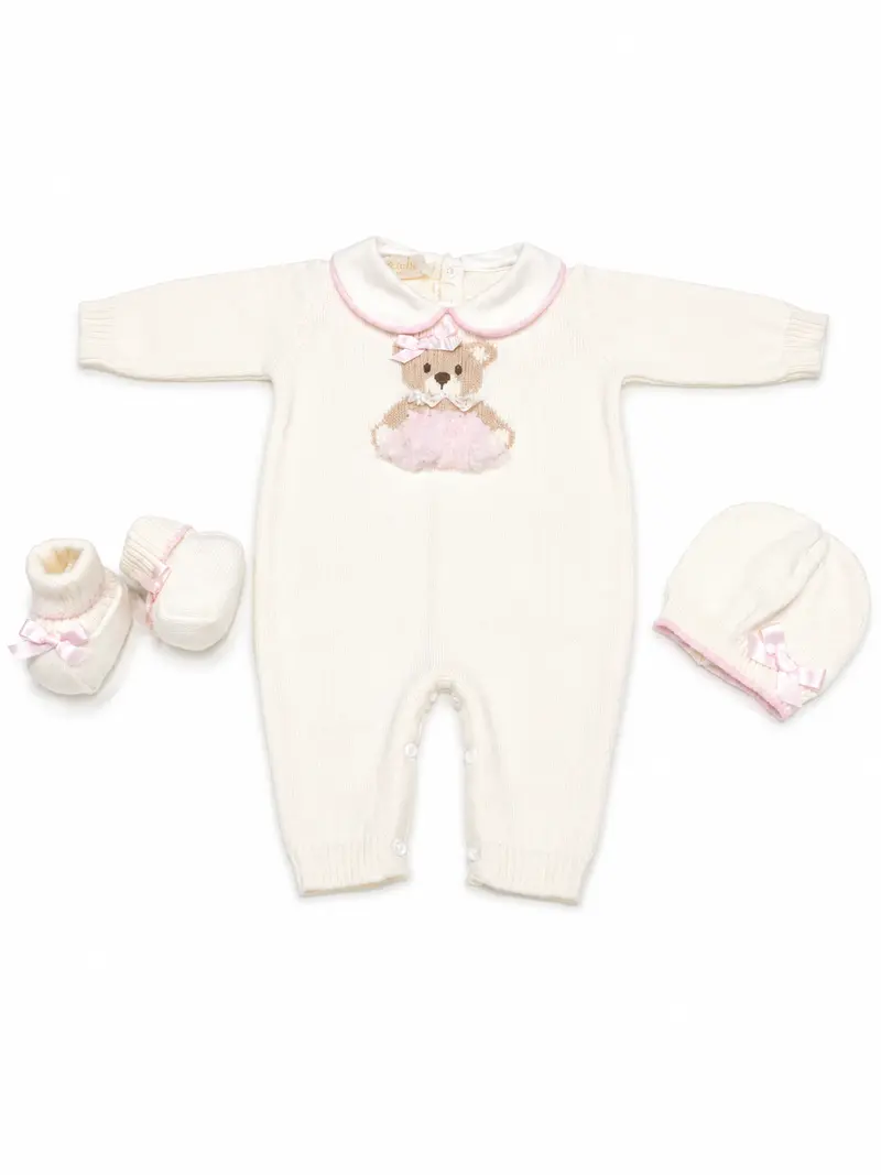 Tutina neonata con cappello e babbucce 100% lana con orsetto gonna ricamato