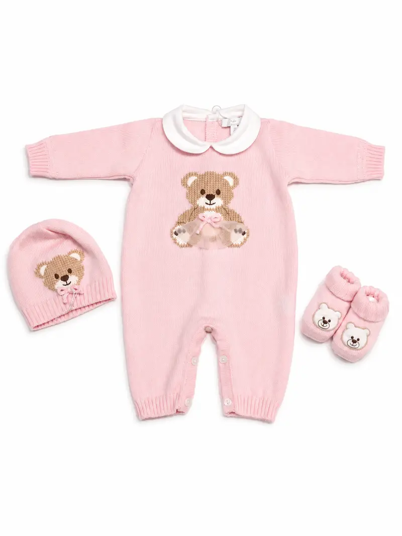 Tutina neonata con cappello e babbucce 100% lana con orsetto