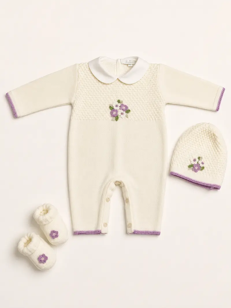 Tutina neonata con cappello e babbucce 100% lana con ricamo fiori