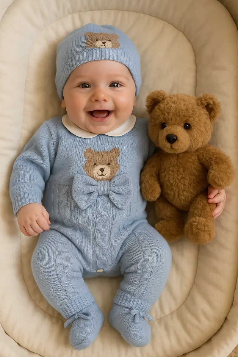 Tutina neonato 100% Lana con orsetto e fiocco