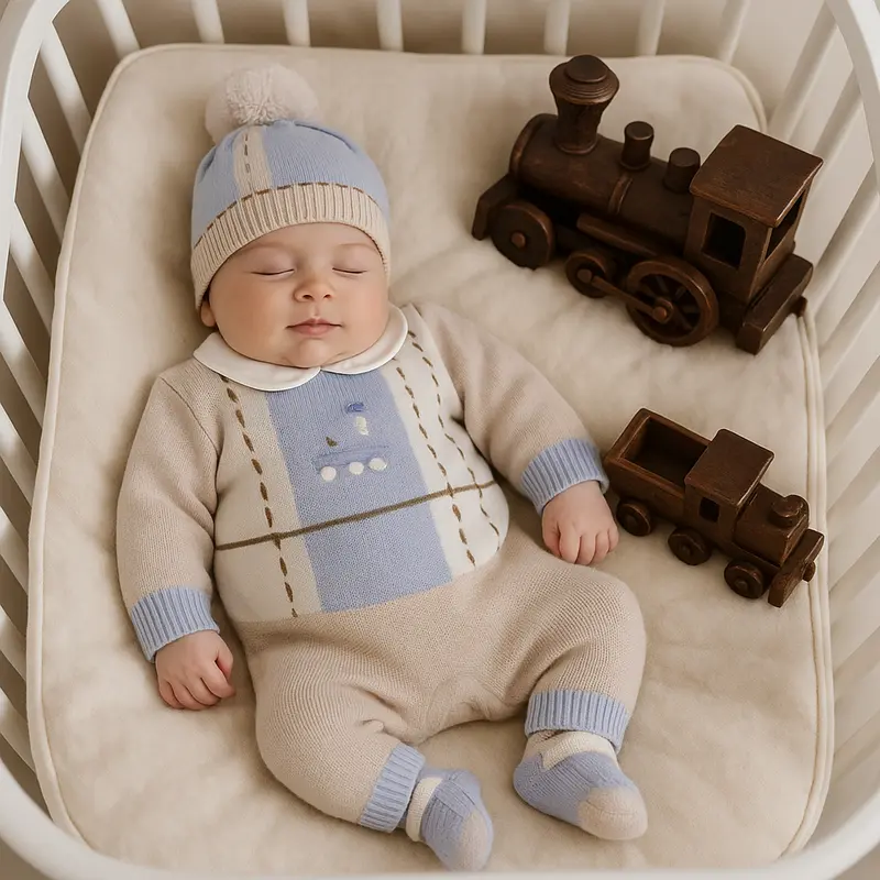 Tutina neonato 100% Lana con trenino e laccetti