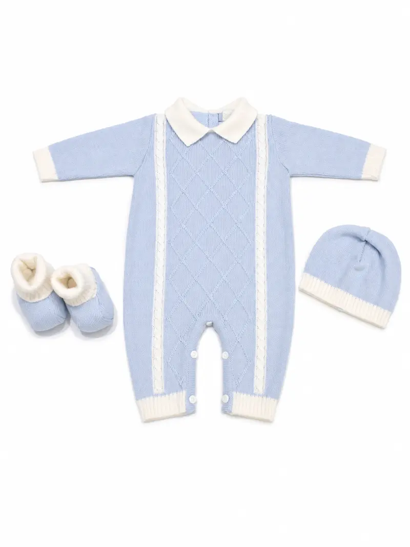 Tutina neonato con cappello e babbucce 100% lana con losanghe